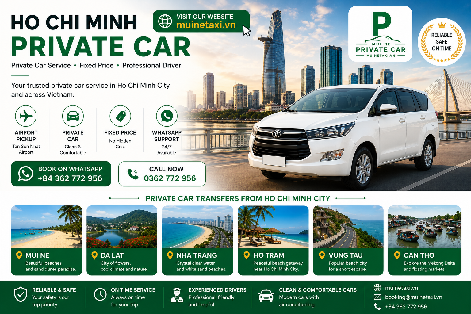 Ho Chi Minh private car service by MuineTaxi.vn - airport pickup, fixed price and WhatsApp booking